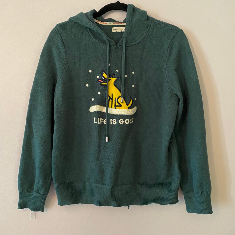 Life Is Good Green Dog Winter Snow Hooded Sweater Knit Gorpcore Women size Large